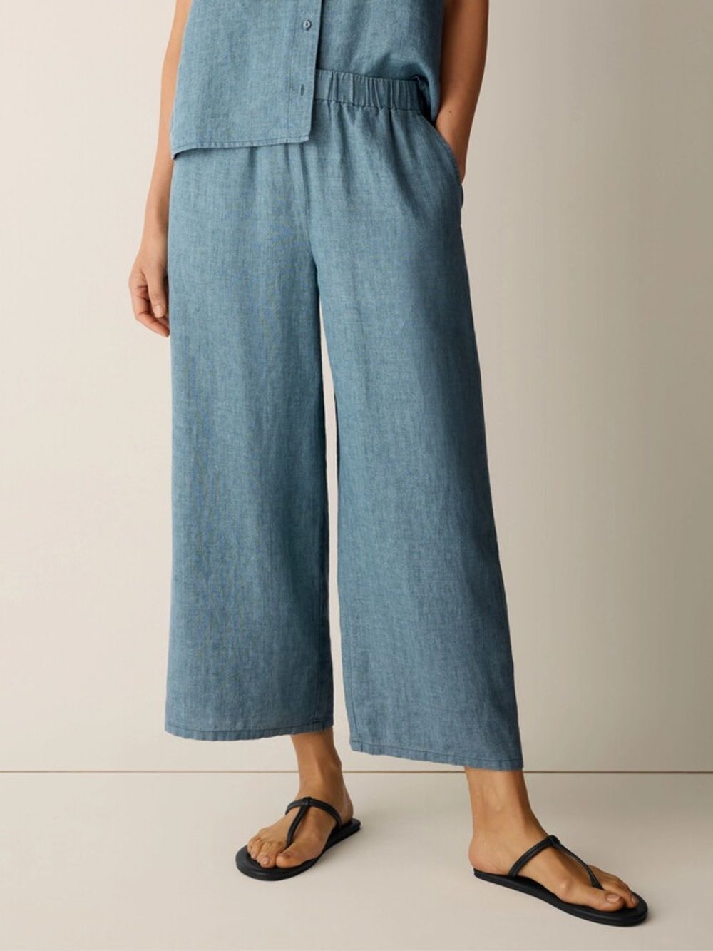 Eileen Fisher 100% Organic Linen Délavé Relaxed Wide-Leg Pants Blue Medium - Picture 3 of 13